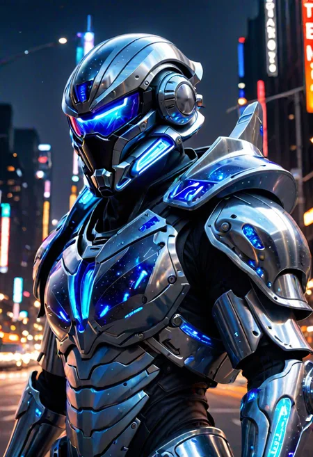Man, futuristic armor, full body, deep Space, space armor suit, armor, style armor (smooth armor: 2.00) blu and red lights, gray and light blue metal chromed armor, red and blue lights, metal armor, diffusion (particles: 1.25) lights on armor, smooth helmet, grey metal chromed armor, aggressive looking, epic helmet, aggressive helmet, Eva helmet, galaxy, city closed street background