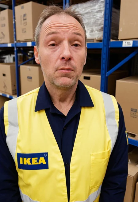 photo of a tired middle-aged ikea worker that just crashed a forklift. you can see the look of remorse on his face. he's about to get fired. but deep down he knows, that it was worth it. warehouse, boxes in the background