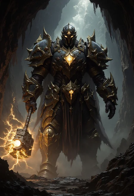detailed photorealistic image, masterpiece, FredFraiStyle, an huge robotic knight in black plated armor with bright yellow embellishments, helmet, glowing eyes, holding a large magica lhammer (sparking with yellow electrical energy) with both hands, dynamic pose, in a damp cave, directional lighting, masterpiece, perfect composition, perfect hands, cowboy shot