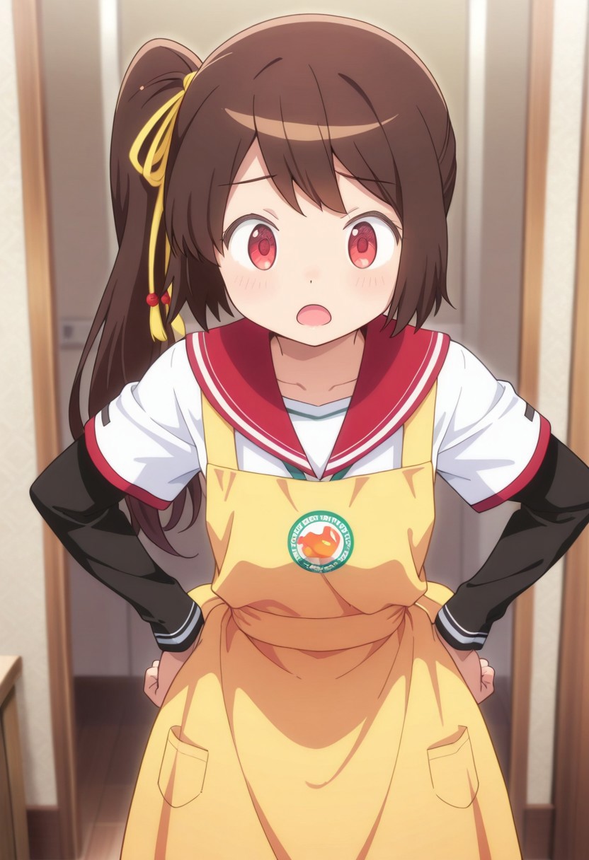 masterpiece,best quality,amazing quality, tsuruno yui, brown hair, red eyes, long hair, side ponytail, 1girl, layered sleeves, short over long sleeves, school uniform, red sailor collar, dot nose, solo, sailor collar, apron, serafuku, hands on hips, open mouth, shirt, ribbon