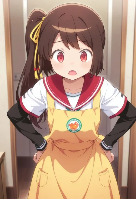 masterpiece,best quality,amazing quality, tsuruno yui, brown hair, red eyes, long hair, side ponytail, 1girl, layered sleeves, short over long sleeves, school uniform, red sailor collar, dot nose, solo, sailor collar, apron, serafuku, hands on hips, open mouth, shirt, ribbon