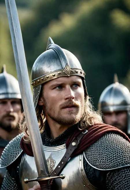 23 years old
cinematic film still young Harald Eirikssn shallow depth of field, vignette, highly detailed, , strong, firm Viking warlord, huscal, sword, war, combat, chain mail, sunburst, heavenly leading his troops into battle,