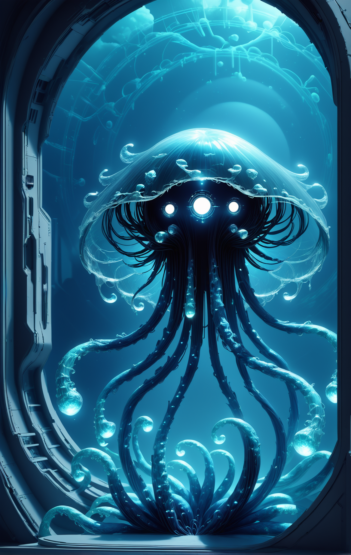 score_9, score_8_up, score_7_up, score_6_up, asrtomorph, jellyfish-inspired girl, translucent glowing hair resembling jellyfish tentacles, soft pastel-colored skin with iridescent highlights, crouched near a broken console in a spaceship, delicate fingers carefully adjusting glowing wires, her large luminous eyes gazing lovingly at her work, ethereal bioluminescent glow surrounding her, futuristic tools scattered nearby, vibrant nebula visible through the shipâs window