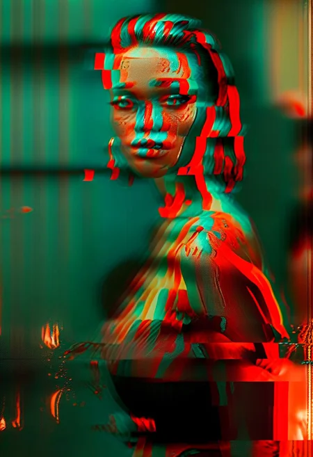 (real life, 1girl, 1950s pinup, seductively looking at the viewer, clean brick red environment, grim style, horror lens effect, jarring optical effect, layered effects, dark shadows, hazy, grainy:1.2), (above pov, a woman looking aroused and eager, shocked, caped crusader, dark natural natural colors, HDR, 5mm:1.2), (glitch art by (Hans Feurer:1.1) and (Roe Ethridge:1.2)), glowing blue on black,