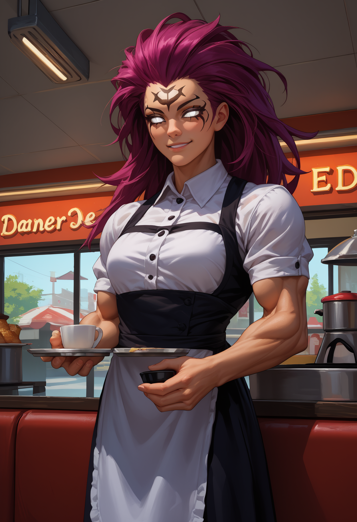 score_9, score_8_up,score_7_up, source_anime, 1girl, solo, <lora:Drksdfry_pdxl_EliPot:1>  drksdfry, long hair, glowing eyes, white eyes, no pupils, purple hair, toned, muscular, muscular female, facial mark, 
indoors, diner, holding, coffee pot, waitress, tray, serving, standing, smile