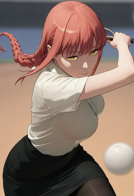 (((makima \(chainsaw man\), long hair, bangs, yellow eyes, braid, red hair, braided ponytail, ringed eyes, mature female, detailed eyes, detailed expression, detailed face))), masterpiece, ultra-HD, volumetric lighting, depth of field, 8k, half close-up, absurdres, best quality, perfect composition, intricate details, (blurred background:1.5), (((looking at viewer, foreshortening, holding ping-pong paddle, ping-pong ball extreme close-up, perspective))), ((see-through silhouette, fine fabric emphasis)), black pantyhose, sidelighting, medium breasts, no bra, playing table tennis, ((floating hair, Dynamic Action, Expressive Athletes, elbows up, asymmetric pose, powerful, concentrated)), black pencil skirt, short sleeves white shirt, solo, thighs,