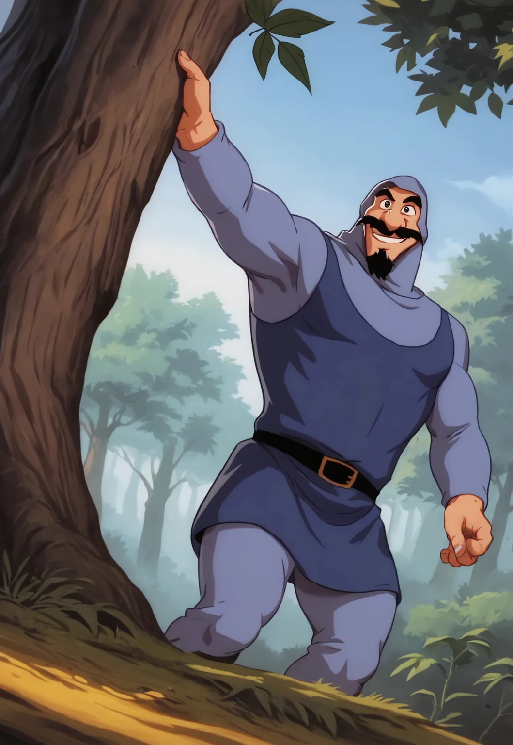 score_9, score_8_up, DukeIgthorn, black hair, black eyes, mustache, beard, mature male, muscular, hooded bodysuit, hood up, blue tunic, looking at viewer, smile, dynamic pose, detailed background, dutch angle, forest, trees, blue sky, portrait, leaning against a tree, black belt, leaves on the wind,