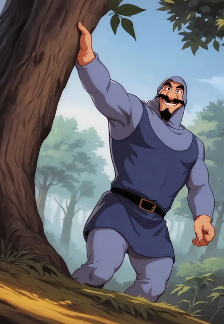 score_9, score_8_up, DukeIgthorn, black hair, black eyes, mustache, beard, mature male, muscular, hooded bodysuit, hood up, blue tunic, looking at viewer, smile, dynamic pose, detailed background, dutch angle, forest, trees, blue sky, portrait, leaning against a tree, black belt, leaves on the wind,