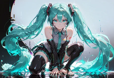 1girl, hatsune miku (vocaloid), aqua eyes, aqua hair, twintails, very long hair, flowing hair, glowing hair, aqua nails, detached sleeves, black sleeves, aqua trim, bare shoulders, collared shirt, sleeveless shirt, pleated skirt, grey shirt, necktie, black thigh boots, toeless footwear, toenail polish, sparkling aura, number tattoo, kneeling, superhero landing, looking ahead, on one knee, looking at viewer, >:), sidelighting, painterly, glitch art, gradient background, masterpiece, best quality, good quality, very awa, very aesthetic, absurdres, newest, ckym 