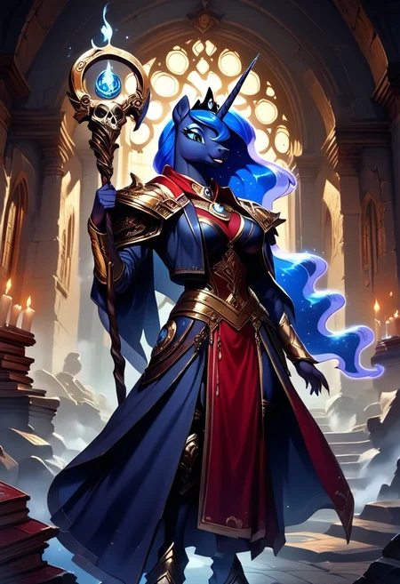 score_9, score_8_up, score_7_up, prompt:  two characters one female an other male, furry Anthro pony Princess luna, realistic high detailed professional drawn,  Princess luna holding scythe colored black  with moon symbol emblazed silver an black, 
color magic robes black ,magic robes symbol moon, an she wearing  magic gems of power and , * magic book chained side carried around waist, background ancient castle library,,set at night candles, skull, unreal 5 engine,final fantasy style (*second character  skeletore male unicorn undead  unicorn use  he man master universe lore)