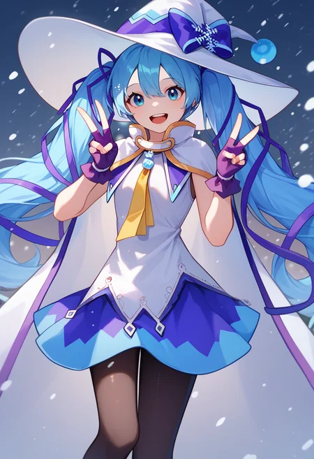 score_9, score_8_up, score_7_up, solo, 1girl, yukimiku2014, happy, looking at viewer, upper teeth, double v, blue hair, twintails, hair ribbon, blue ribbon, white headwear, witch hat, large hat, hat bow, white cloak, white shirt, sleeveless shirt, yellow necktie, purple gloves, fingerless gloves, blue skirt, black pantyhose, snowing, outdoors <lora:vocaloid_yukimiku2014_ponyXL:1>