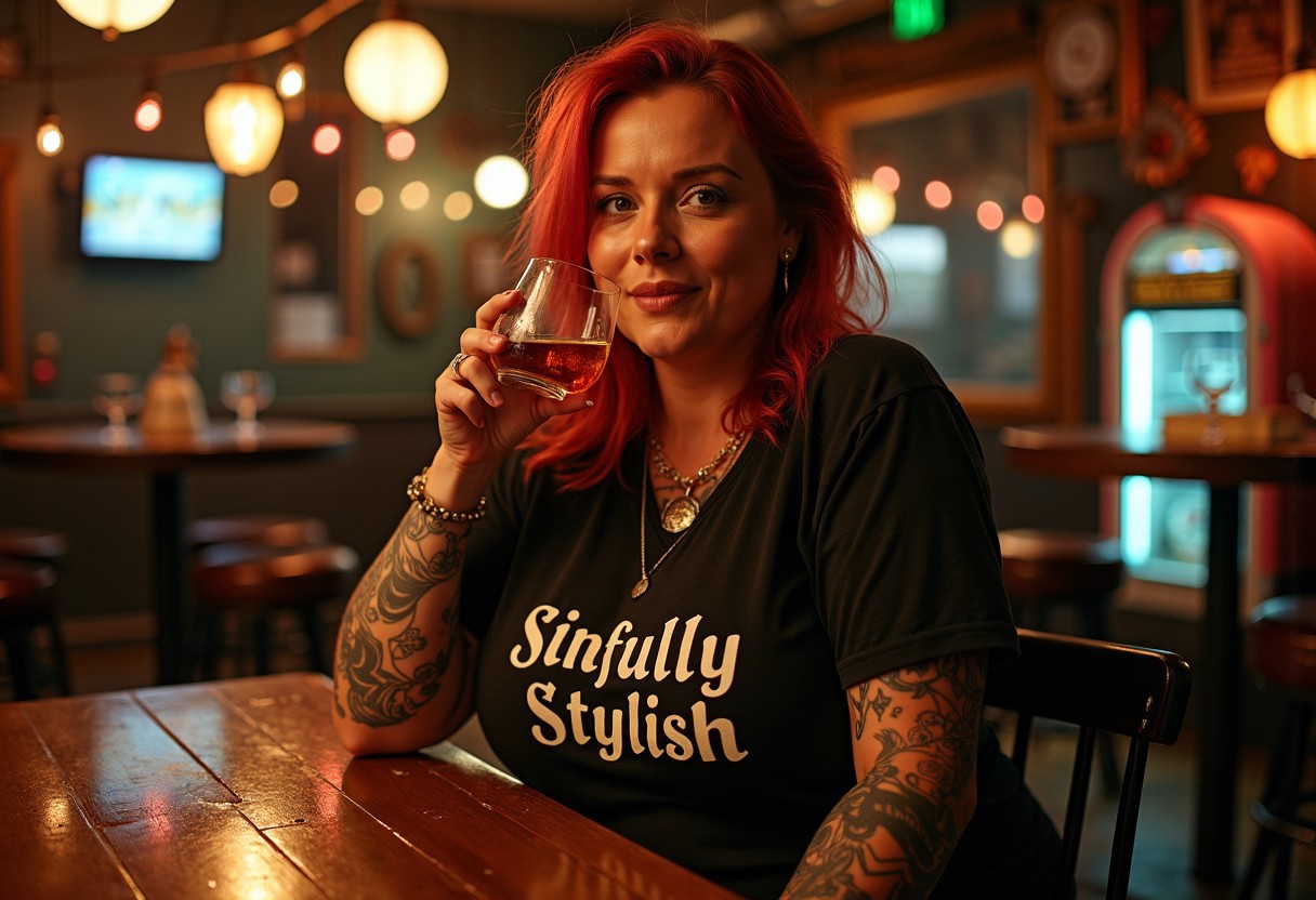 A medium shot photograph at 1:00 AM, showing a  chubby 40-year-old woman with messy red hair and dark green eyes at a dive bar that has linoleum floors, she is a little overweight and voluptuous, old shabby wooden furniture, the only light comes form the mismatched old lamps on the tables. There is a jukebox form the 1970's in the background. She is drinking a scotch neat. She is a  beautiful woman with mature features, like wrinkles, freckles and moles are emphasized under Rembrandt lighting. She has a confident, lusty, expectant smile. She is fucking you with her eyes, She has a few tattoos. She is wearing a band t-shirt that says “Sinfully Stylish” . She has medium sized breasts that are very saggy and her erect nipples are covered by the shirt but their outlines are slightly visible, there is a light haze of cigarette smoke in the air
