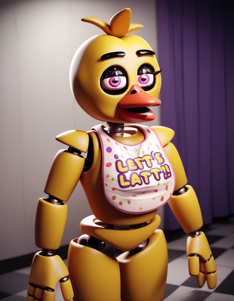 ChicaFNAF1, solo, 1girl, magenta eyes, chicken, robot joints, animatronic, bib, text on bib, beak, bird legs, anthro, animatronic neck, animatronic arms, animatronic legs, animatronic hands