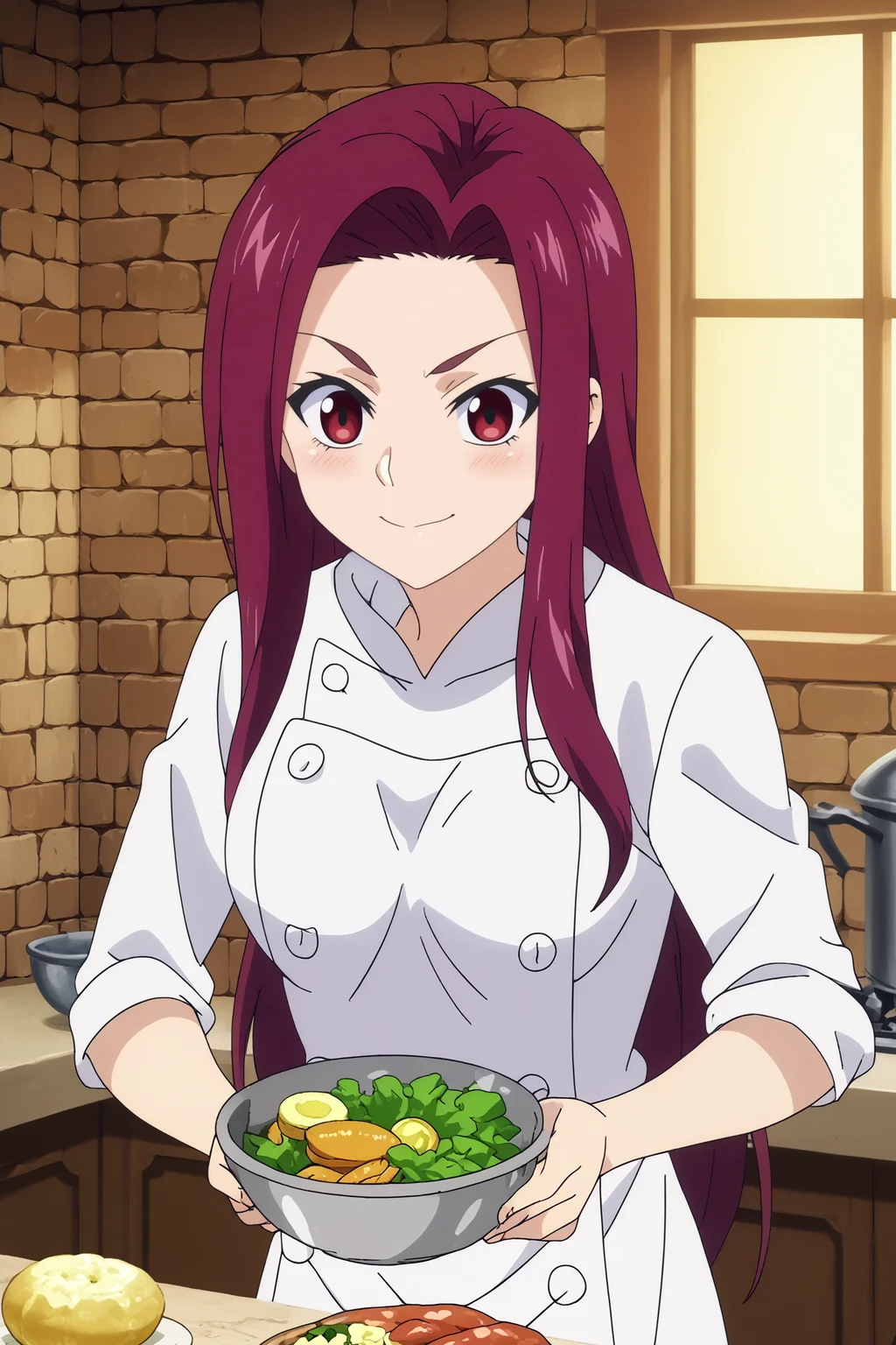 sakaki ryoko,1girl,solo,looking_at_viewer,purple hair, long hair,smile,breasts,chef,white shirt,white pants,smile,blush,upper body,cooking noodles, ramen BREAK indoors,Cozy,white walls,small sink, marble countertop, food,vegetables,fridge,fruit, warm light, vintage stove behind,window with a garden, kitchen,orange brick wall,restaurant kitchen <lora:Sakaki_Ryoko_-_Food_Wars.safetensors:0.8> <lora:detailed_backgrounds_v2.safetensors:0.8>