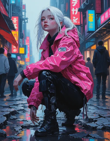 masterpiece, high quality, Oil Painting, in the midst of this bustling urban environment, centered in a grungy alley, is an ethereal young, cyberpunk girl. Sheâs clad in futuristic attire: a sleek, wet, neon pink leather jacket, tight pants, and high-tech, rugged boots. Her white hair is an amalgamation of traditional and modern styles, perhaps pale white ponytail, her skin is the palest white, and her glowing eyes of blue. Her cybernetic enhancements are visible, robotic arms, robotic hands, legs, and body. She appears to be around 12 years old.
Sheâs captured in a moment of childlike joy, kneeling in a muddy puddle formed between cracked concrete slabs. Dark puddles and wet, grimy surfaces reflect the dazzling lights all around. Despite the heavy rain, thereâs a smile on her face, her eyes closed with a gusto of carefree exuberance.
The rain bouncing off her slightly illuminated figure adds to the gritty, spectrum of light around her, enhancing the contrast of her dark attire with the surrounding colorful chaos. The city continues its pace, with indistinct figures in the background, blurred motion of people and other futuristic vehicles passing by. This perfectly captures a bizarre yet heartwarming essence of finding joy amid the dystopian, electrifying urban world. She looks like a fashion model. Masterful painting, oil on canvas, Focus on the girl, shadow and light, Masterpiece, intricate lines, intriguing atmosphere, sharp magnificent details, delicate features, novuschroma, elaborate details, (2\3 rule composition:0.5), ultra detailed, romantic, Rembrandt lighting, brush stroke, lovely, del1cate_balance style, in the style of Rembrandt. vantablack <lora:style_of_Rembrandt_FLUX_135:.8> <lora:- Flux1 - vanta_black_V2.0:.6> <lora:Delicate_Balance:.3> <lora:neeeg_f1:-1> <lora:113_novuschromaFLX_1:.2> <lora:Midjourney_Whisper_Minimal:.3> <lora:CPA:.6>