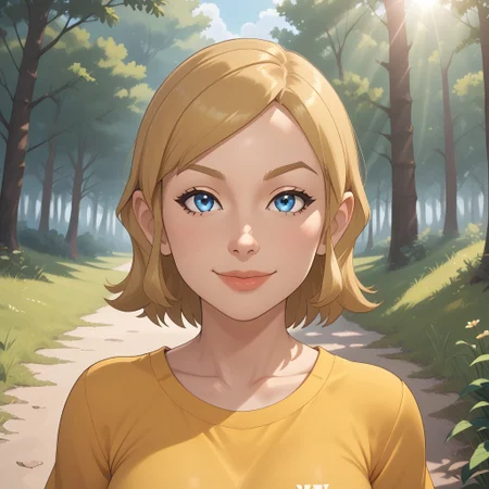 score_9, score_8, BREAK, wii, mii, wii sports, 1girl, female mii, cute, blonde hair, blue eyes, dark blonde eyebrows, lips, yellow clothing, white pants, shoes, breasts, nintendo mii, modern_mii, classic_mii, Sadie_(OC_Mii), sexy pose, self portrait, smile, outdoors, sunlight, shadows, evening lighting, natural lighting, forest, trees, grass, orange sky, sunset