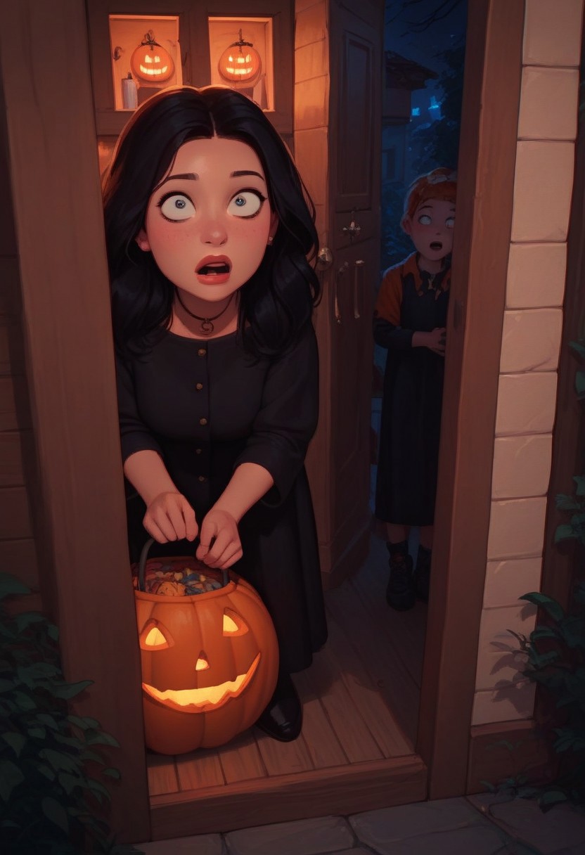 score_9, score_8_up, score_7_up, score_6_up, 2 people, side by side, 1boy,steve,1girl, hayley, small, short, at door, outside, halloween, halloween costumes, trick or treat, (surprised, wide eyes, looking up at viewer, from up)