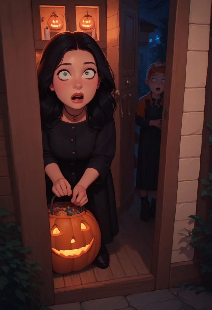 score_9, score_8_up, score_7_up, score_6_up, 2 people, side by side, 1boy,steve,1girl, hayley, small, short, at door, outside, halloween, halloween costumes, trick or treat, (surprised, wide eyes, looking up at viewer, from up)