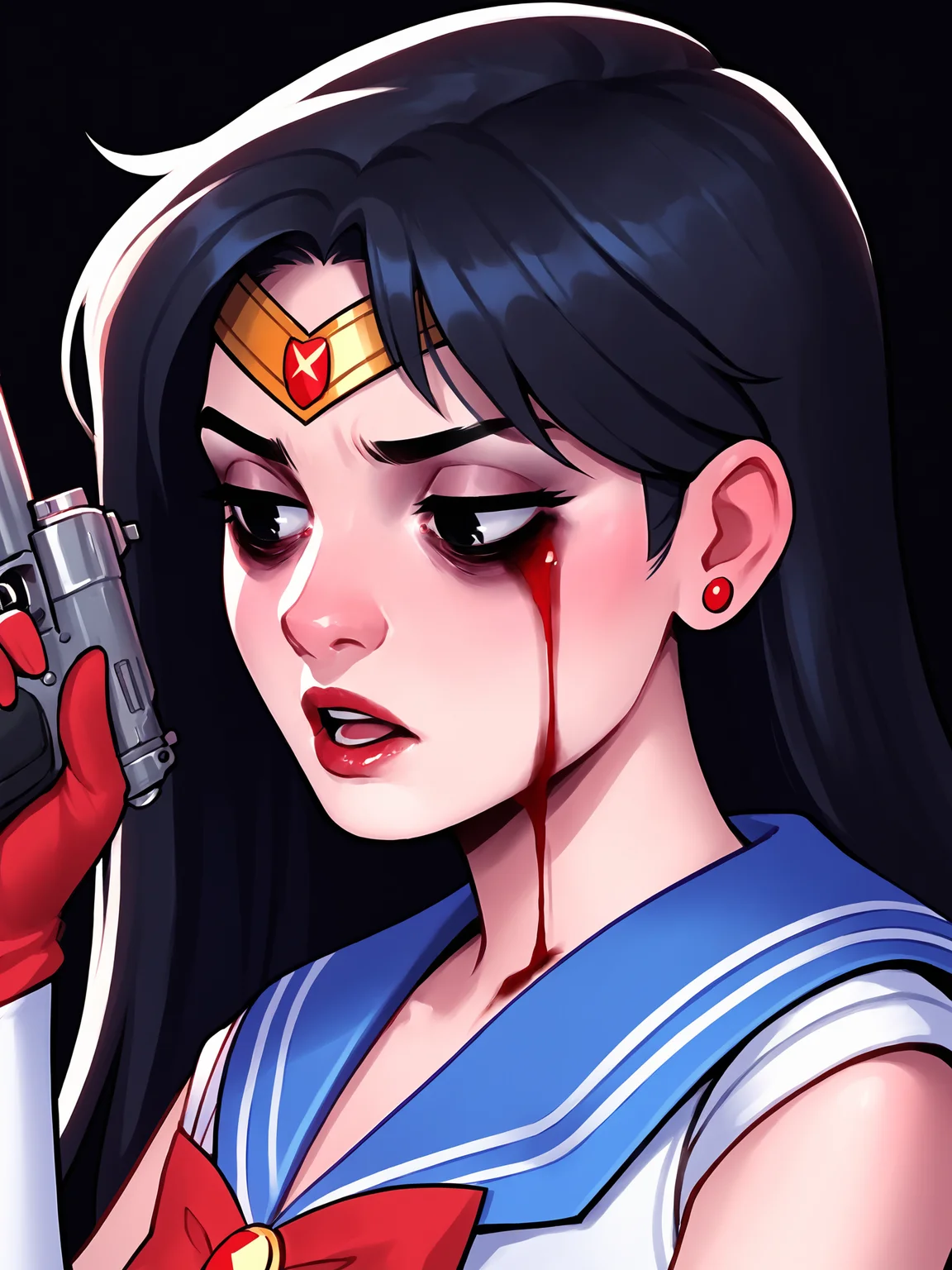 score_9, score_8_up, score_7_up, score_6_up, score_5_up, score_4_up, rating_safe
BREAK
sailor mars, circlet, black hair, black eyes, looking away, tired, half-closed eyes, bags under eyes, sigh, open mouth, looking down, blood on face, blood splatter,
BREAK
solo, portrait, magical girl, red serafuku, from side, holding gun, handgun, blood on weapon,
BREAK
black background, <lora:Lunas-AkiraRaikou-SDXL-A1:1>