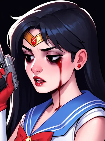 score_9, score_8_up, score_7_up, score_6_up, score_5_up, score_4_up, rating_safe
BREAK
sailor mars, circlet, black hair, black eyes, looking away, tired, half-closed eyes, bags under eyes, sigh, open mouth, looking down, blood on face, blood splatter,
BREAK
solo, portrait, magical girl, red serafuku, from side, holding gun, handgun, blood on weapon,
BREAK
black background, <lora:Lunas-AkiraRaikou-SDXL-A1:1>
