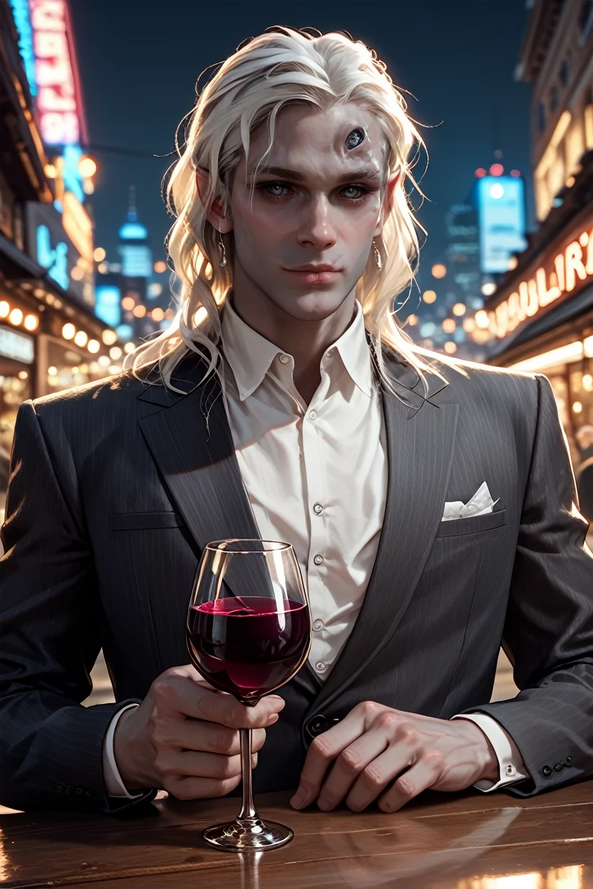 score_9, score_8_up, score_7_up, score_6_up
<lora:BGKarniss:1.0>
BGKarniss, 1boy, white hair, extra eyes, grey skin, looking at viewer, at an upscale rooftop bar, wearing a tailored blazer, city lights twinkling below, holding a glass of wine, sophisticated and urban atmosphere