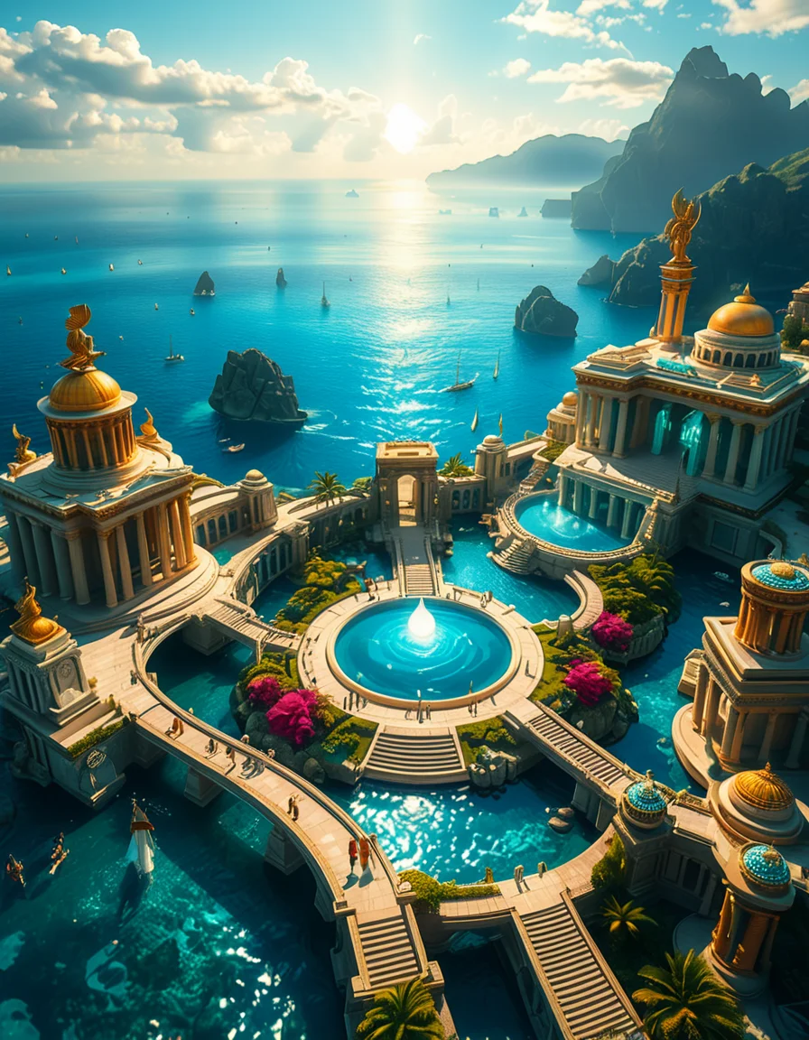 A breathtaking view of the lost city of Atlantis, submerged beneath crystal-clear ocean waters. The city showcases a magnificent blend of ancient Greek and futuristic architecture, with towering marble temples, golden domes, and intricate carvings glowing under the soft bioluminescent light of coral reefs. Majestic pillars and archways, partially covered in coral and algae, rise from the ocean floor, creating an atmosphere of mystery and forgotten grandeur. The sunlight filters through the water, casting shimmering patterns on the grand stone pathways and illuminating massive statues of gods and mythical beings, eroded by time. The scene is peaceful and awe-inspiring, with an ethereal blue glow enhancing the dreamlike, almost magical quality of this underwater utopia. No marine creatures or human presence disrupt the timeless serenity of this lost civilization.
<lora:atl4nt1s:1>,atl4nt1s,<lora:SDXLFaeTastic2400:0.4> <lora:extremely_detailed:0.4> extremely detailed, Masterpiece,best quality,hi res,8k,hi res,8k,award winning,(sharp focus, intricate, highly detailed),