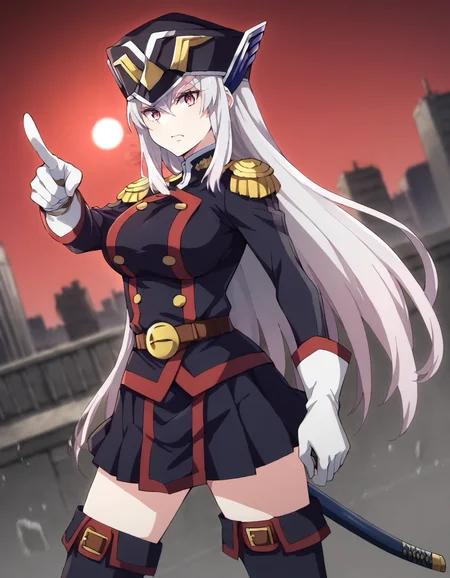 score_9, score_8_up, score_7_up, source_anime, BREAK
1girl, solo, looking at viewer, blurry background, portrait, angry, standing, dutch angle, arm on waist, pointing at viewer, outstretched arm,
post-apocalypse, ruins, night, city, destruction, explosion, red moon,
kyouka uzen, head wings, silver hair, long hair, pink eyes, hair between eyes, sidelocks,
battle uniform, epaulettes, long sleeves, white gloves, belt, pleated skirt, thigh boots, shako cap, katana, fighting pose,
<lora:kyouka_uzen_anime-soralz:1>