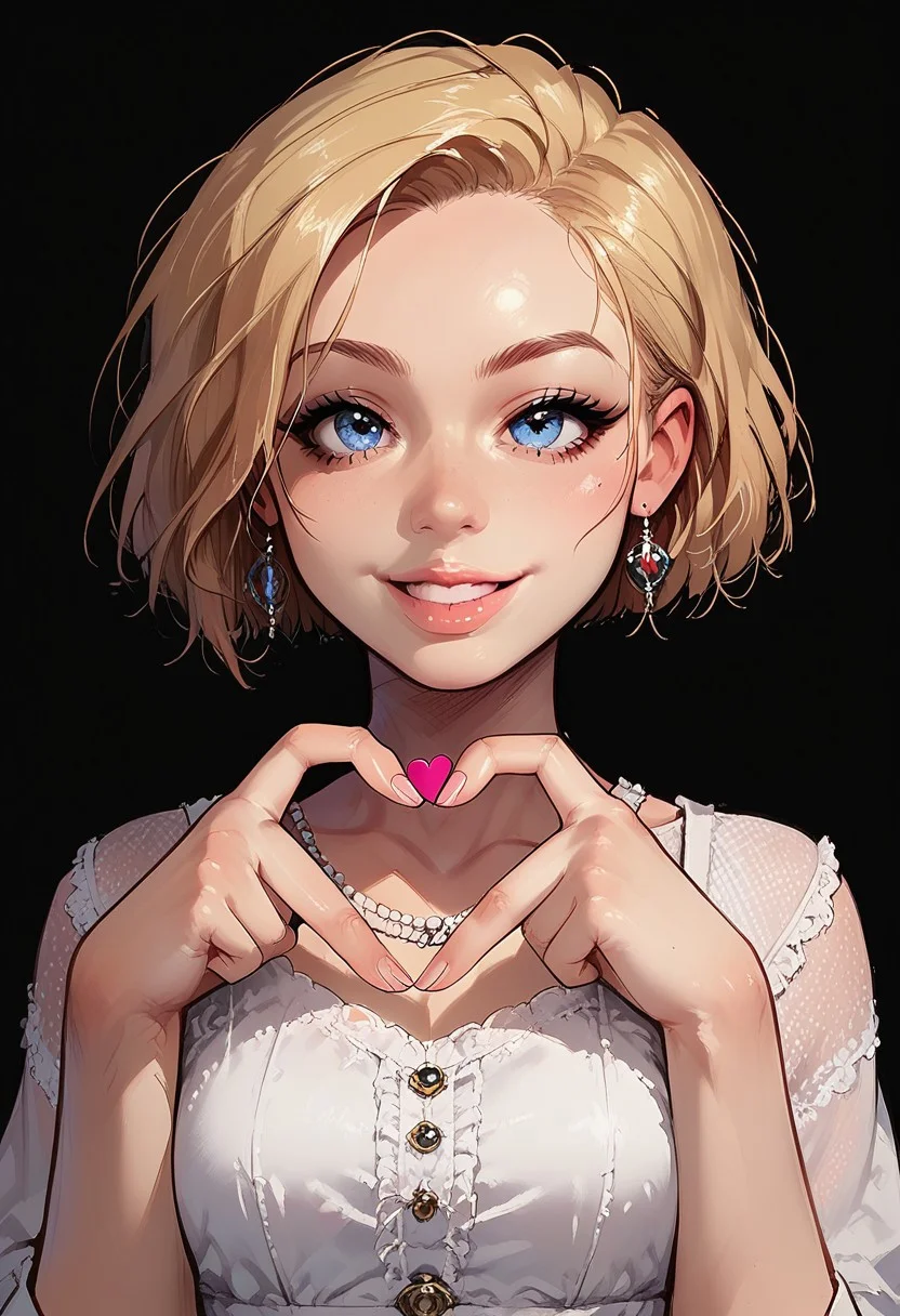 ((masterpiece)), high quality, safe_9, score_9, score_8_up, score_7_up, score_6_up,source_anime, Expressiveh, 1girl, petite, suzie, short blonde hair, blue eyes, detailed eyes, heart fingers, heart hands, dressed, top tank, smiling, perfect teeth, detailed, intricate details, perfection, perfect light, detailed light, g0thicPXL, glowing, neon, melkor_style, g0thicPXL, neon,