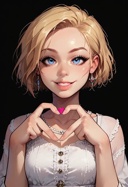 ((masterpiece)), high quality, safe_9, score_9, score_8_up, score_7_up, score_6_up,source_anime, Expressiveh, 1girl, petite, suzie, short blonde hair, blue eyes, detailed eyes, heart fingers, heart hands, dressed, top tank, smiling, perfect teeth, detailed, intricate details, perfection, perfect light, detailed light, g0thicPXL, glowing, neon, melkor_style, g0thicPXL, neon,