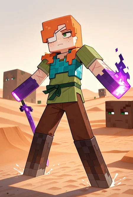 <lora:alexmc-10:1> alexmc, orange hair, 1girl, solo, green eyes, long green shirt, brown pants, short sleeves, freckles, square arms, square body, green waist ribbon,  minecraft end, minecraft end dimension, long tall black pillars in the background, fighting black dragon, purple fire, purple sword, blue chest plate, chest plate armor, blue knight chest plate, armor,  scars, injury, white sand floor, white eye patch, dynamic pose, desert, sand dunes, giant black pillars,, masterpiece, best quality, amazing quality, very aesthetic, absurdres, newest,