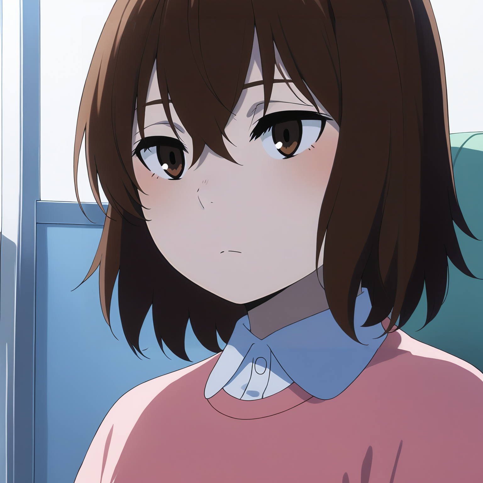 pixiv masterpiece, score_9, score_8_up,  source_anime, score_7_up, best quality, high res, absurd res, 
<lora:Kayo_Hinazuki_Illustrious_v19-000013:0.85>,kayo_hinazuki_il, 1girl, brown_eyes, short_hair, brown_hair, solo,  expressionless, face, close-up, light_pink_sweater, single_button_collared_shirt, from side