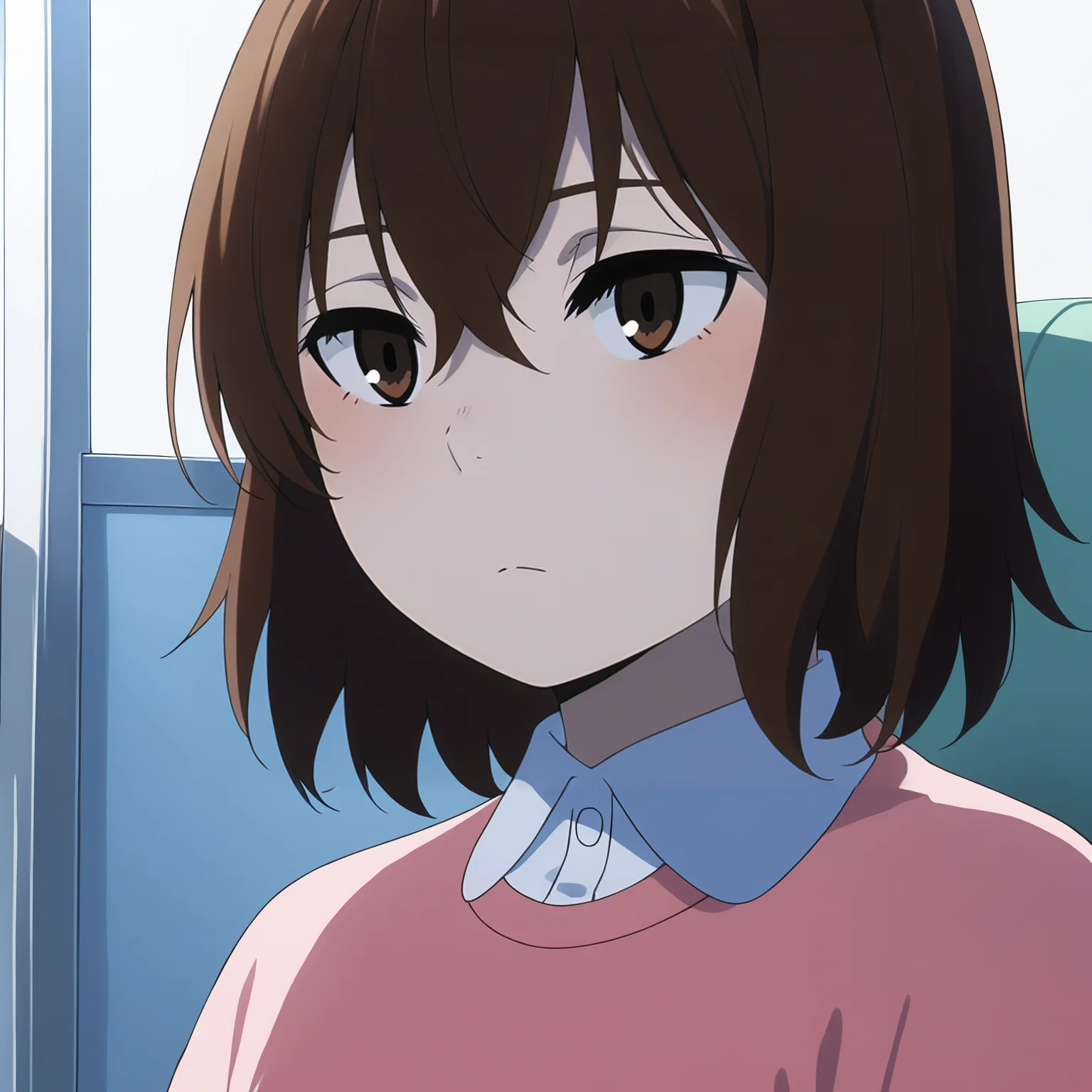 pixiv masterpiece, score_9, score_8_up, source_anime, score_7_up, best quality, high res, absurd res,
<lora:Kayo_Hinazuki_Illustrious_v19-000013:0.85>,kayo_hinazuki_il, 1girl, brown_eyes, short_hair, brown_hair, solo, expressionless, face, close-up, light_pink_sweater, single_button_collared_shirt, from side