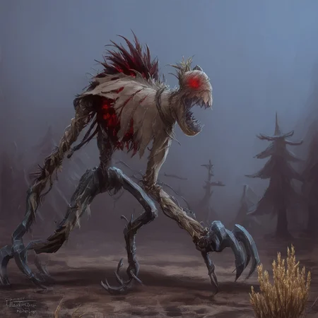 fiddlesticks , 1boy,male focus,torn clothes, legs,arms,hands, detailed face, monster ,teeth ,glowing red eyes ,claws, no humans <lora:fiddlesticks-v1:1>, wheat field,dede, RAW photo, (masterpiece:1.3), subsurface scattering, heavy shadow, (high quality:1.4), (intricate, high detail:1.2), ambient lighting, atmospheric effects, <lora:detail_slider_v4:3>, OverallDetail, <lora:Death_and_Decay:0.7>, dead trees, poisonous fog, thorny vines, , dede, epiCPhoto
