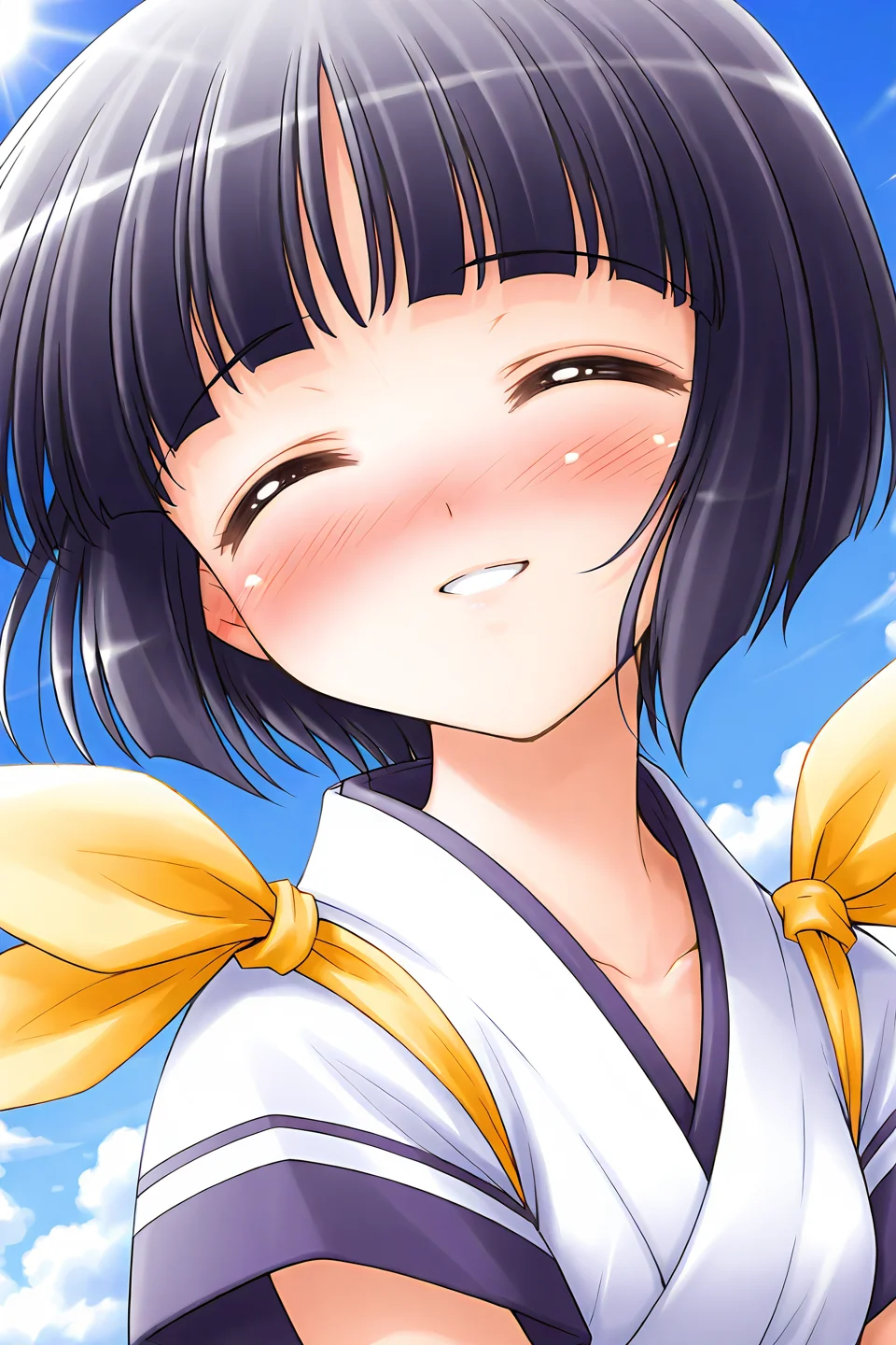 masterpiece, best quality, absurdres, official art, official style, general BREAK <lora:arisakashiina_IL_v1-2:0.7>, arisaka shiina, 1girl, solo, purple eyes, black hair, purple hair, short hair, bob cut, blunt bangs, flat chest BREAK closed eyes, blush, close-up, lens flare, sun, happy, upper body, cloud, ^ ^, day, collarbone, yellow ribbon, white dress, japanese clothes, short sleeves, shoulder ribbon, blue line, embarrassed
