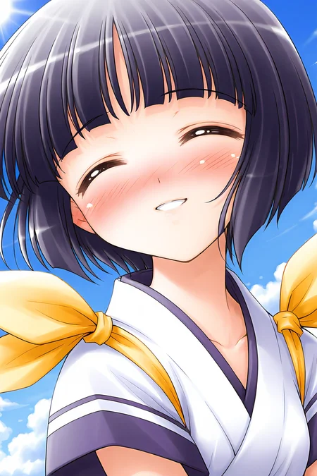 masterpiece, best quality, absurdres, official art, official style, general BREAK <lora:arisakashiina_IL_v1-2:0.7>, arisaka shiina, 1girl, solo, purple eyes, black hair, purple hair, short hair, bob cut, blunt bangs, flat chest BREAK closed eyes, blush, close-up, lens flare, sun, happy, upper body, cloud, ^ ^, day, collarbone, yellow ribbon, white dress, japanese clothes, short sleeves, shoulder ribbon, blue line, embarrassed