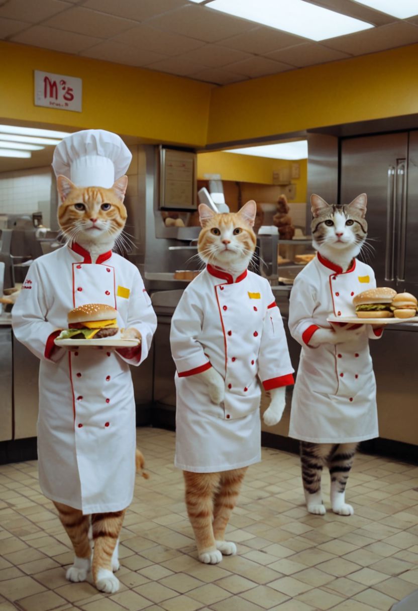 A McDonald's restaurant interior shot run by anthropomorphic cute little cats wearing McDonald's CHEF themed kitchen clothes, serving Cheeseburgers all in Wes Anderson cinematography.