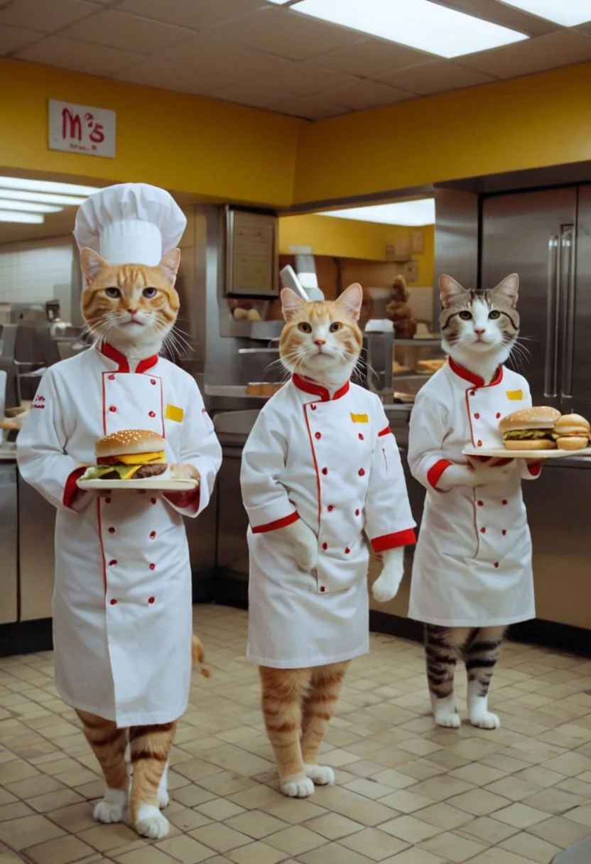 A McDonald's restaurant interior shot run by anthropomorphic cute little cats wearing McDonald's CHEF themed kitchen clothes, serving Cheeseburgers all in Wes Anderson cinematography.