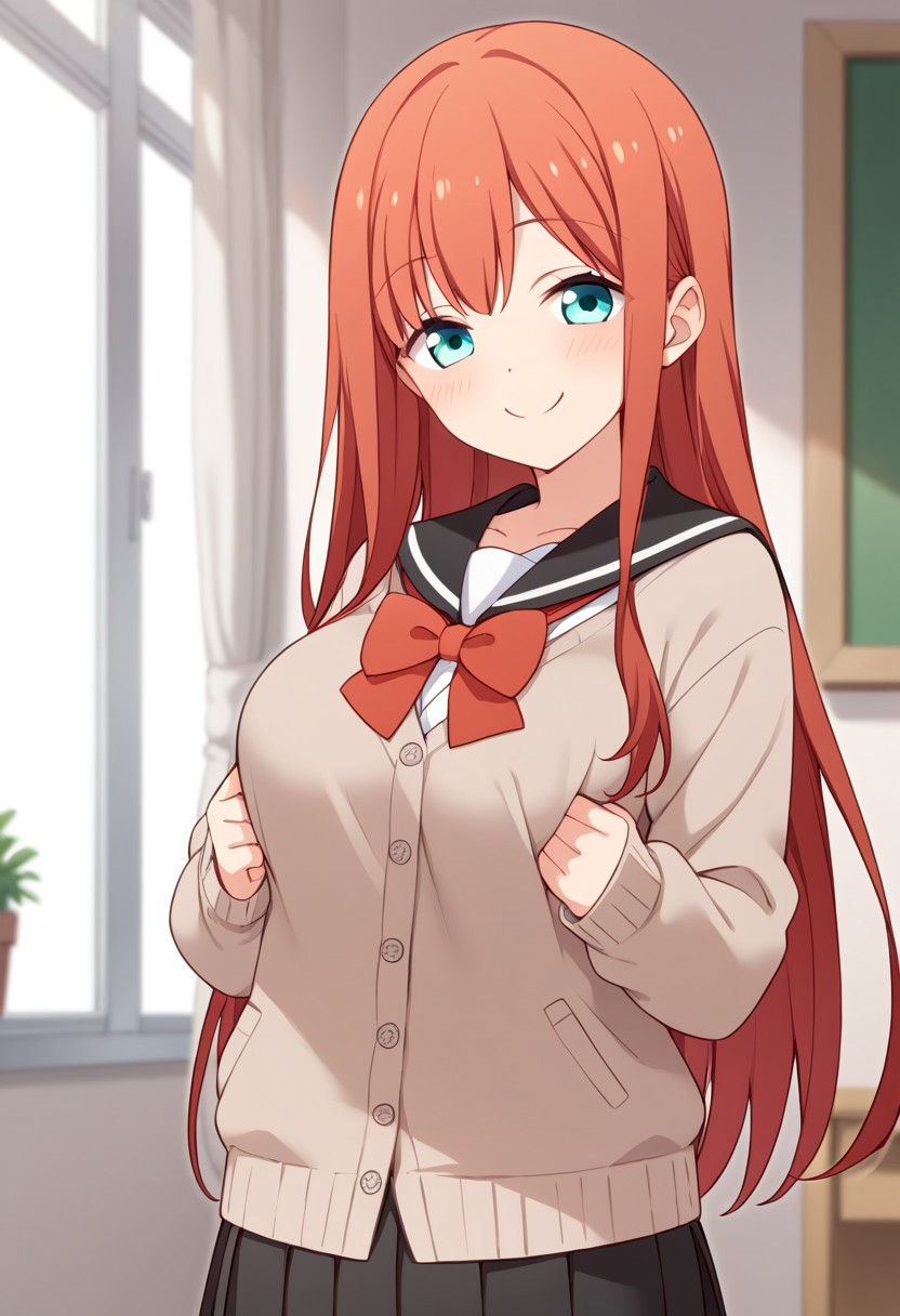 score_9,score_8_up,score_7_up, source_anime, solo, Minagawa yuki, red hair, long hair, aqua eyes, Serafuku, cardigan, long sleeves, red bow, skirt, pleated skirt, smile, closed mouth, perfect breast, school, perfect anatomy