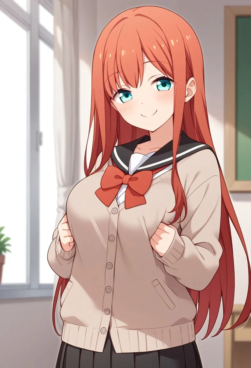 score_9,score_8_up,score_7_up, source_anime, solo, Minagawa yuki, red hair, long hair, aqua eyes, Serafuku, cardigan, long sleeves, red bow, skirt, pleated skirt, smile, closed mouth, perfect breast, school, perfect anatomy