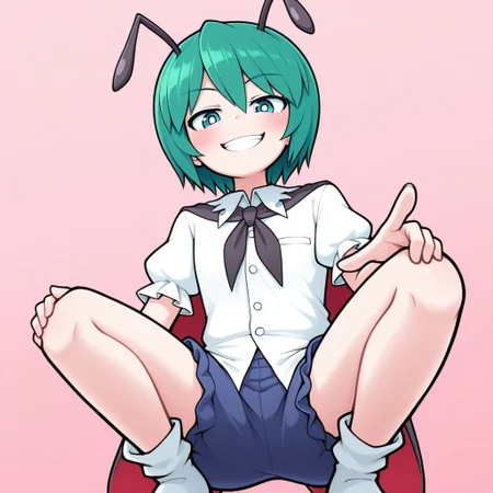 masterpiece, best quality, aesthetic, colorful, SOLIDUSstyle, BREAK, (Wriggle Nightbug), squatting, view from below, pointing at viewer, smug, grin, looking at viewer, simple background,