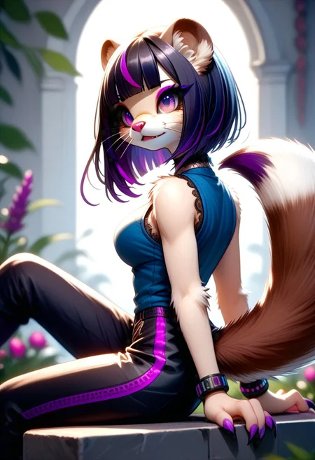 score_9, score_8_up, score_7_up, FMW1, fluffy, painterly, vibrant details, (view from the side:2), source_furry, slender, slim, fit, WSG02, weasel girl, furry weasel, weasel ears, weasel tail, paws, sitting, (black hair, short hair, blunt bob cut, (blunt bangs:1.5), (violet highlights:1.6)), (gradient eyes:1.4), large breasts, choker, bracelets, sleeveless, blue vest, zipper, black pants