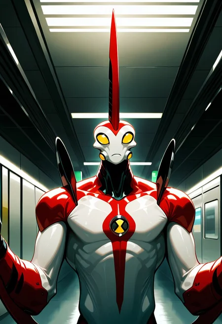 masterpiece, best quality, amazing quality, very aesthetic, absurdres, newest,
,waybig, no humans, solo, alien, horn, single horn, yellow eyes, arm blade,
looking at hands, confused, short, upper body, in metro station,