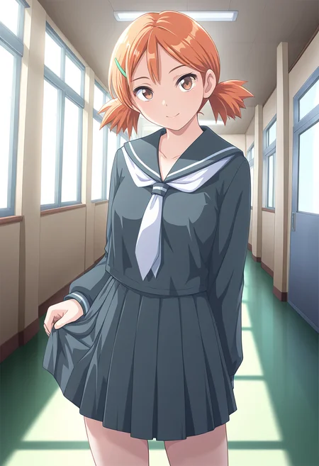 masterpiece, best quality, amazing quality, 1girl, solo, cowboy shot, ikukoww, brown eyes, orange hair, short hair, twintails, short twintails, hair ornament, hairclip, small breasts, school uniform, dark grey serafuku, long sleeves, dark grey pleated skirt, black socks, shoes, looking at viewer, smile, indoors, skindentation, detailed clothing folds, depth of field, sharp, high contrast, dynamic light <lora:Shintaisou_Shin_Ikuko_Takemoto_ill:0.9>