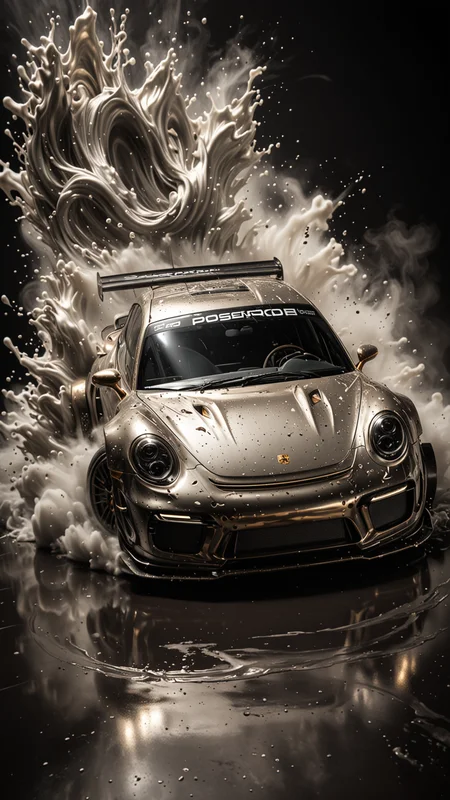 GOLD LIQUID METAL DTM Porsche car, race car, racing through SILVER LIQUID METAL, liquid metal sprays up from the cars tyres, Car drifting in a black void, Epic, <lora:Liquid_Fluid_Metal_XL_-_By_DICE:0.4>