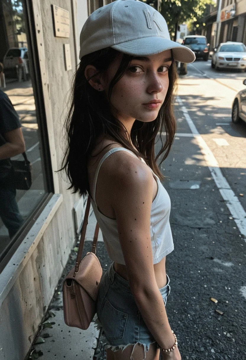 score_9, score_8_up, score_7_up. 1girl, blue baseball cap, white offshoulder tanktop, small mini handbag, outside street, headphone, jean, bracelet, long black hair, looking away, view from above, view from side, skinny, slender, (((eyes covered))),