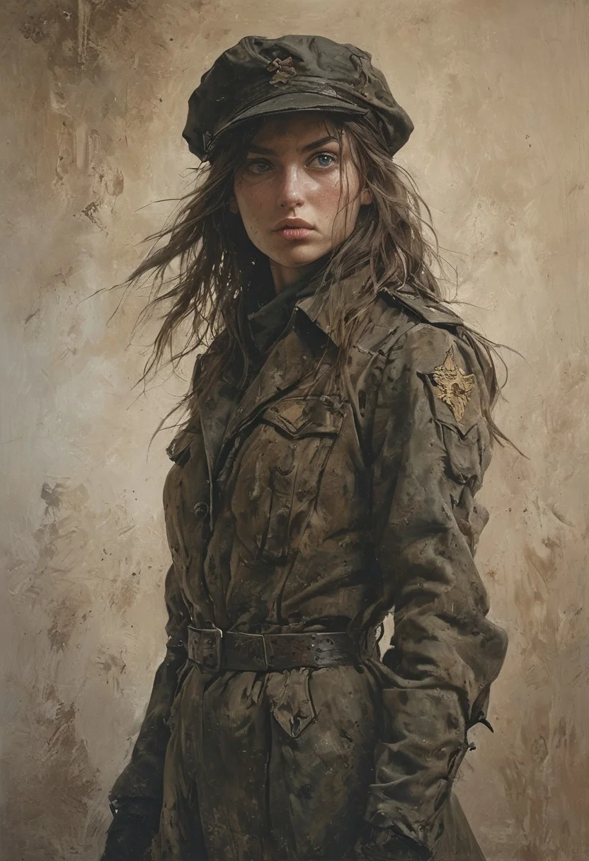 1girl, long hair, brown hair, side braid, military uniform, Soviet, World War II, female soldier, black leather jacket, green military pants, black boots, military hat, holding, left hand, revolver, back view, looking back, looking at viewer, intense expression, determined, combat, urban warfare, ruins, rubble, concrete, dust, dramatic lighting, realistic, detailed, dynamic, action shot, semi profile, cinematic, historical, realistic lighting, atmospheric, sepia tones,dark, chiaroscuro, low-key