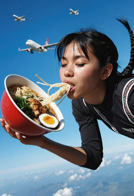score_9_up, photo \(medium\), paid reward, photorealistic, realistic, , thin body, braided hair, soft black hair color, 1girl, 26yo woman, clothed, dynamic pose, eating noodles, ramen, holding a bowl, skydiving, horizontal, falling, close up face, solo, close up eating ramen, airplane above her, Midnight