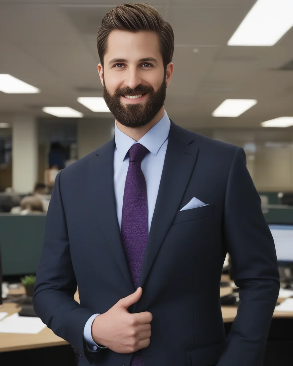 front view shot, portrait,
man, short hair,
brown hair, brown eyebrows, forehead,
suit, beard,
standing in office
<lora:detailedeyebrows_v0_5:0.8>