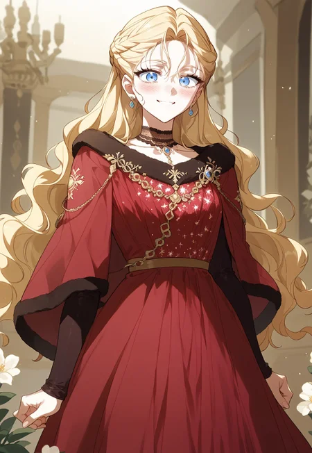 zPDXL3, score_9_up, score_8_up, score_7_up, (Anime_source), 1girl, Rudbeckia, blue eyes, blonde hair, long hair, Rudbeckia dress, braid, luxurious banquet, cowboy shot, looking at viewer, smile, little blush