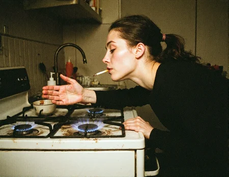 8n8log, Young woman with light skin and dark hair pulled back, leaning over a gas stove attempting to light a cigarette directly from the blue flame of the burner, eyes closed, wearing a black long-sleeve shirt, cigarette held between lips, stovetop with visible grime and dirt on the burners, white enamel stove with black grates, kitchen setting with beige tiled walls, sink with faucet and dish rack in the background, orange dish soap bottle on the counter, slight disarray with utensils and items scattered, casual and candid indoor atmosphere, soft natural lighting casting subtle shadows. film photography aesthetic, film grain effect prominent throughout image, high contrast lighting creating dramatic shadows, grainy film-like texture, dramatic chiaroscuro lighting effect, amateurish quality, candid style